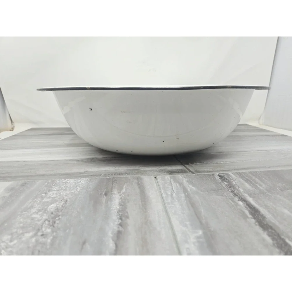 VTG White Black Enamelware Basin Bowl Antique Primitive Large 16